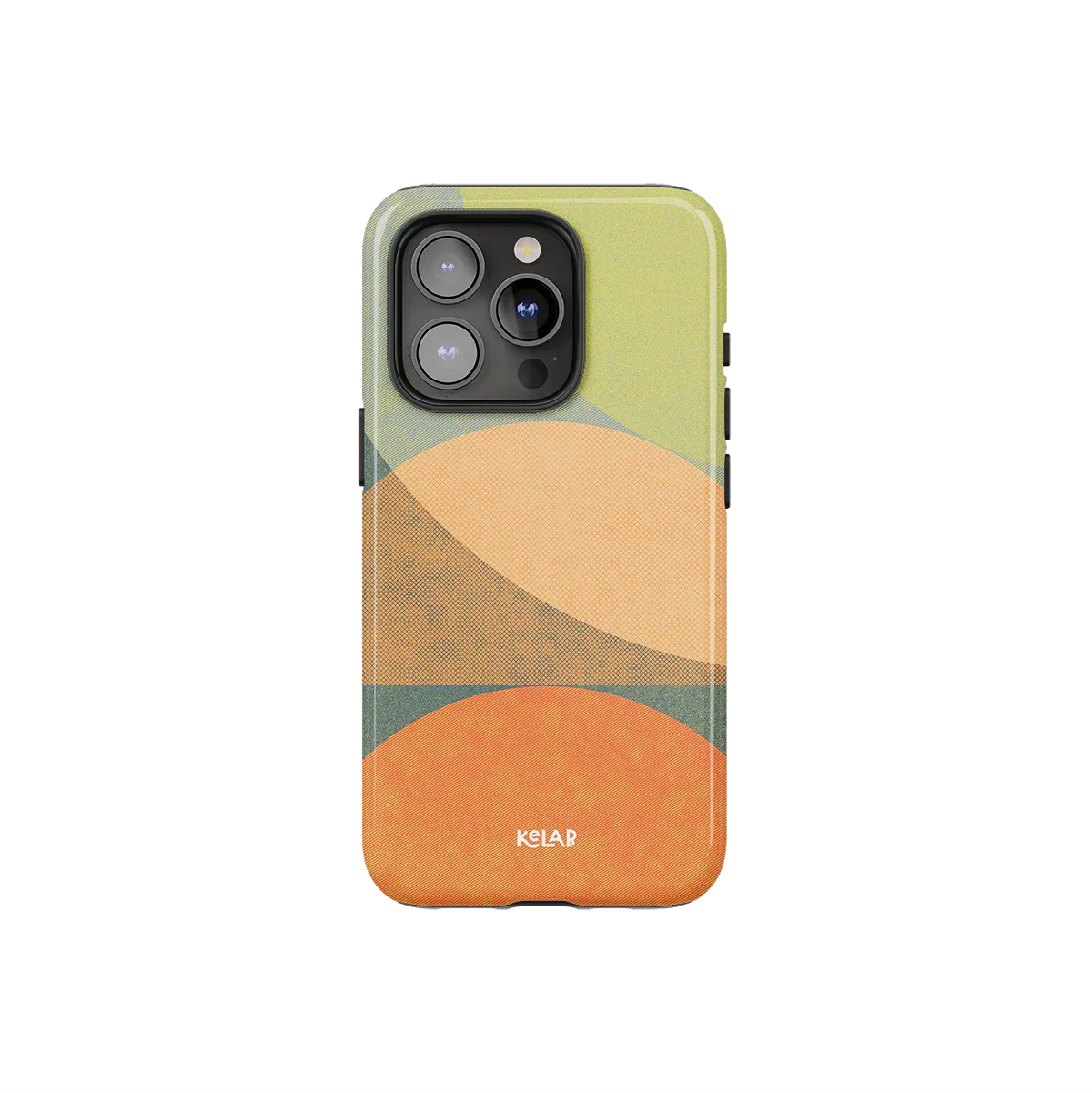 Olive Arc Mood Modular Phone Case with earth tone ovals in green, orange, and tan, designed for iPhone with camera cutout.