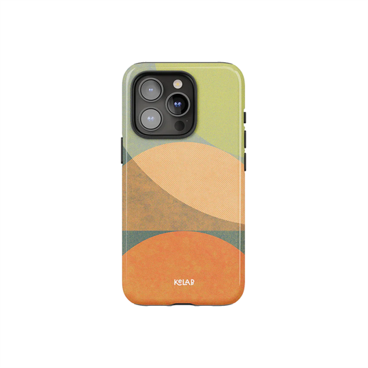 Olive Arc Mood Modular Phone Case with earth tone ovals in green, orange, and tan, designed for iPhone with camera cutout.