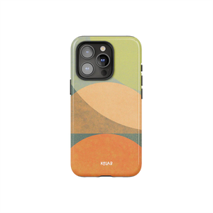 Olive Arc Mood Modular Phone Case with earth tone ovals in green, orange, and tan, designed for iPhone with camera cutout.