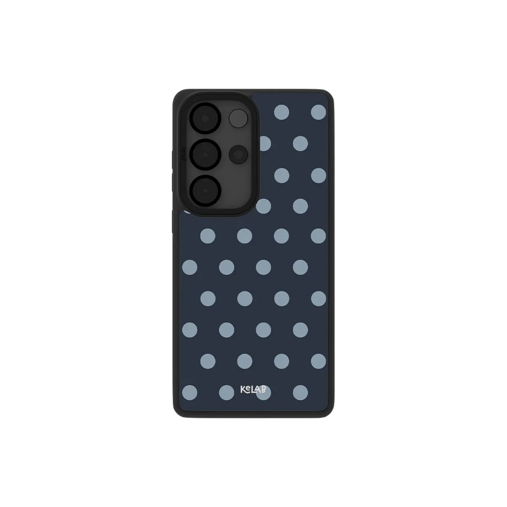 Navy Samsung Galaxy phone case with a modern polka dot pattern in light blue