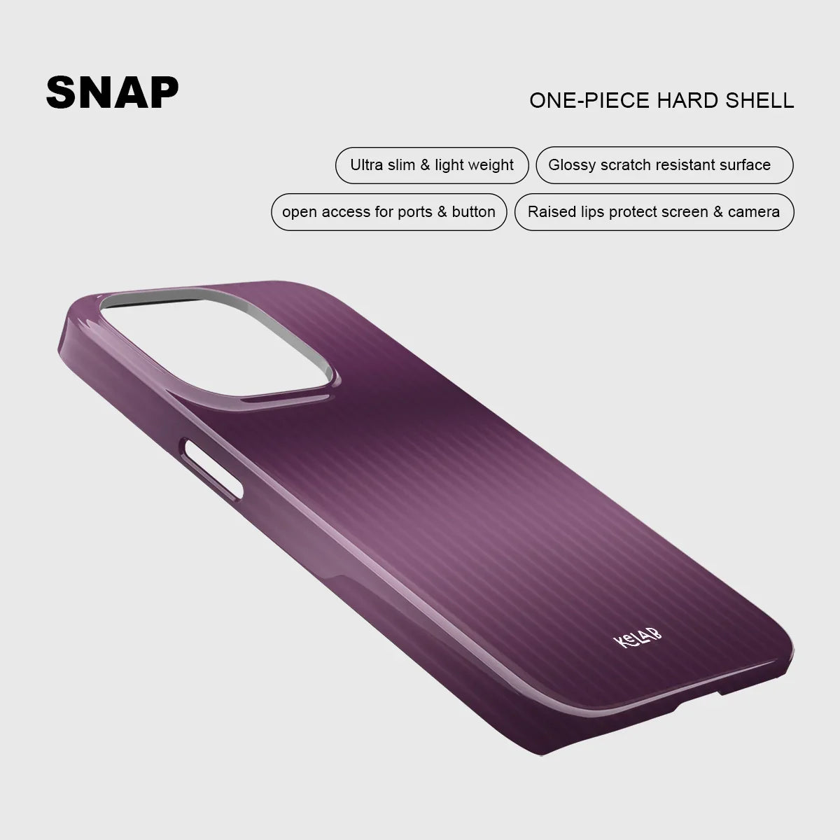Glossy iPhone case with gradient in plum, lilac, and aubergine tones, featuring subtle vertical texture.