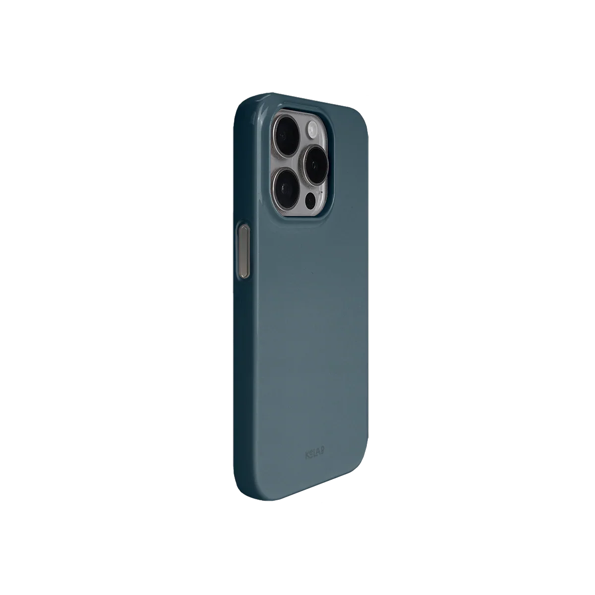 Minimalist ocean blue phone case by KELAB with side angle view, highlighting sleek design and durable glossy surface.