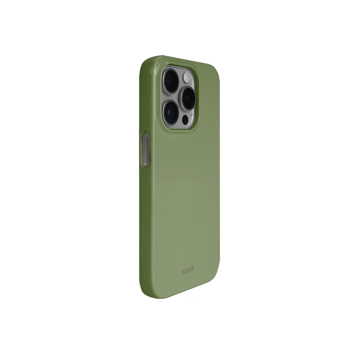 Minimalist green phone case by KELAB with glossy finish, designed for iPhone with precise side button access and slim profile.