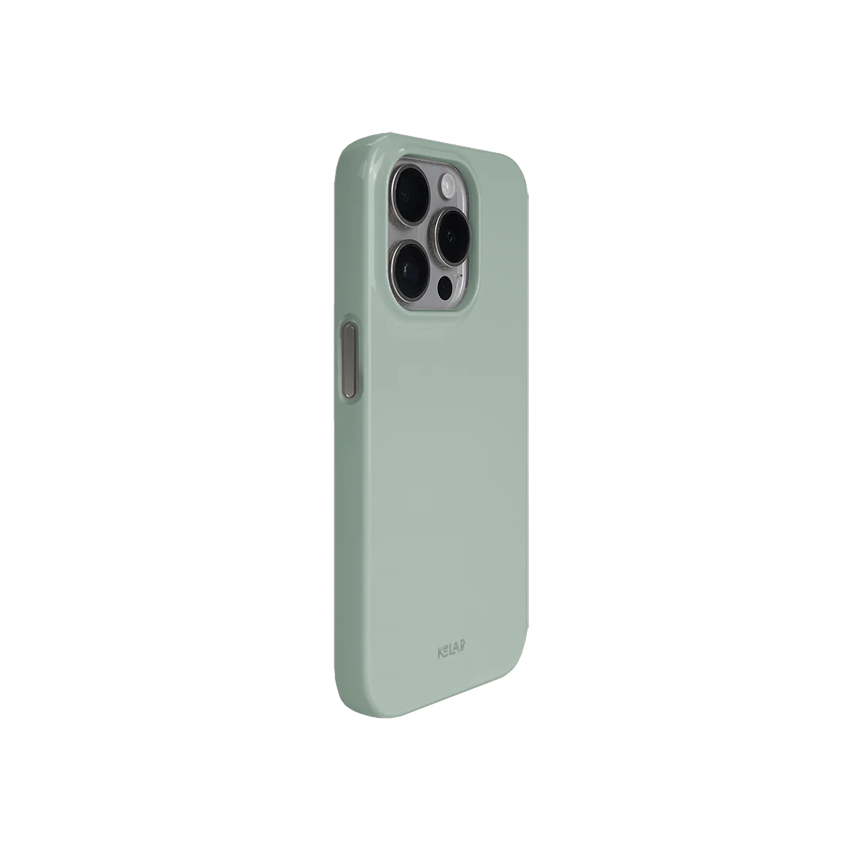 Angled rear view of minimalist Sage Phone Case by KELAB in pastel mint color, designed for style and protection.
