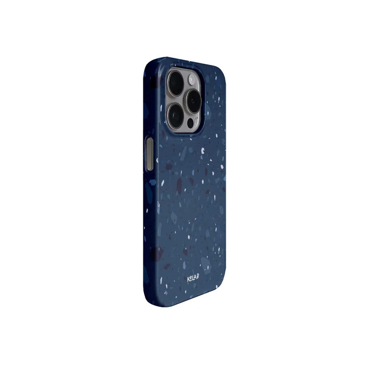 Stylish dark blue terrazzo phone case with periwinkle accents and protective build, ideal for modern iPhone users seeking cosmic flair.