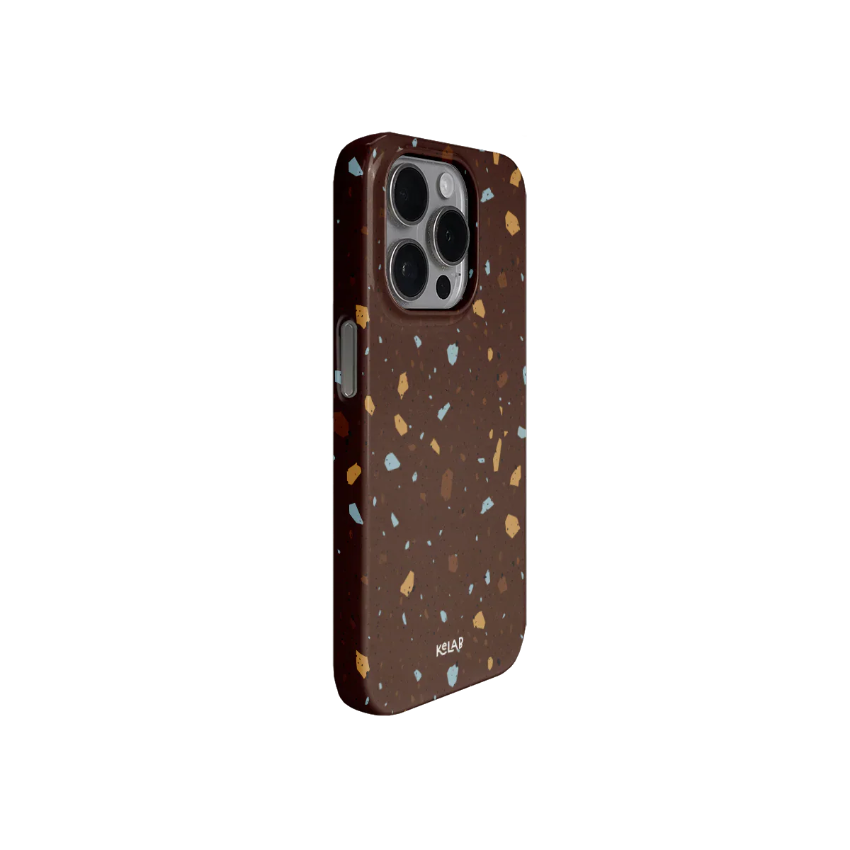 Side view of KELAB cocoa shard terrazzo phone case showing precise cutouts and soft matte finish. Mediterranean-inspired iPhone case.