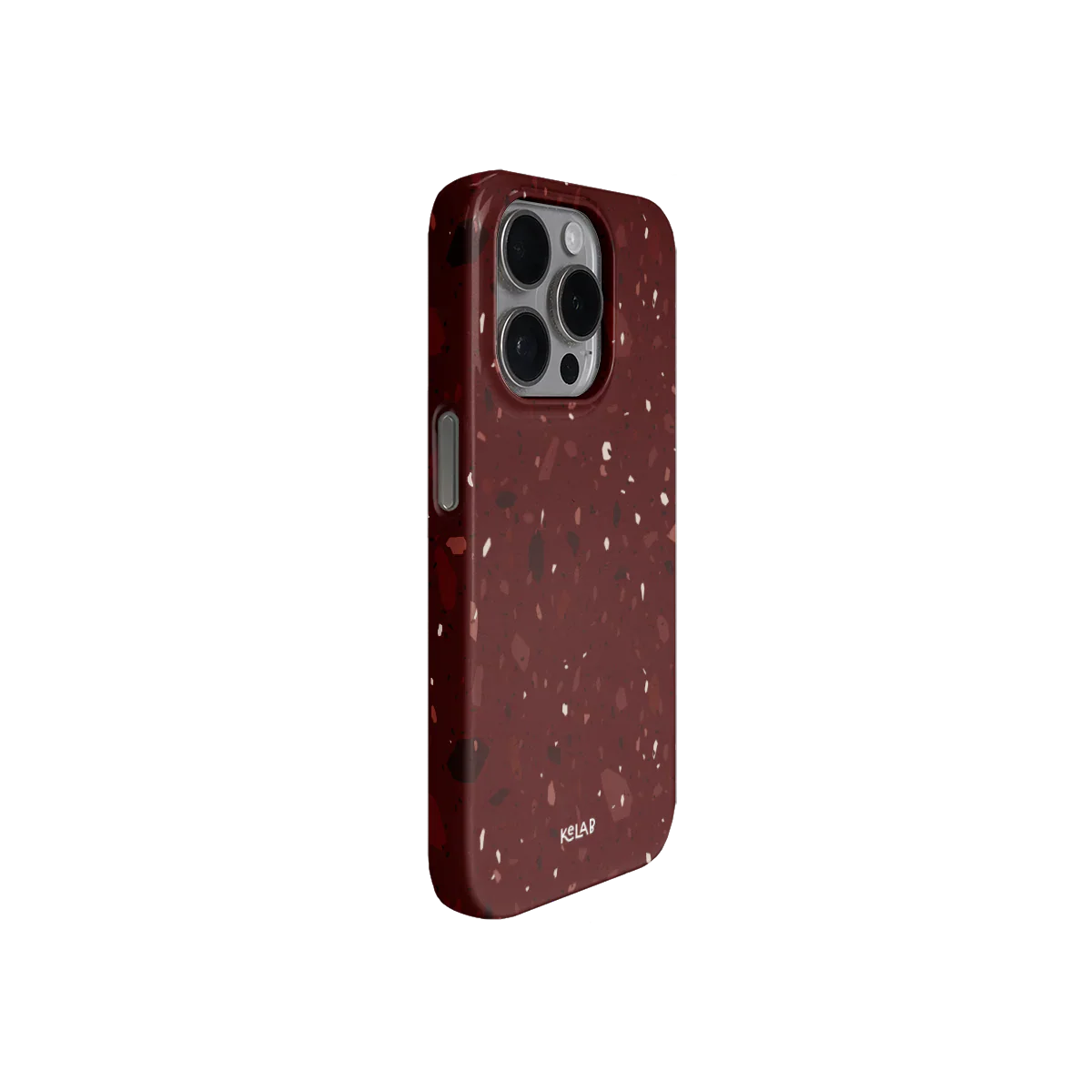Angled view of red terrazzo iPhone case with moody tones and minimal design, showcasing side button access and sleek profile.