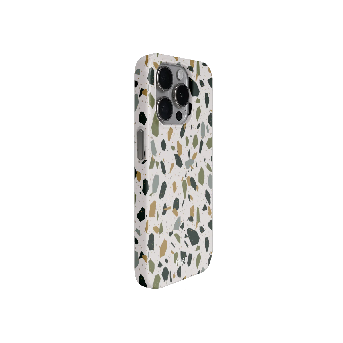 Side view of pastel terrazzo phone case showing slim profile and precise cutouts. A playful yet protective mobile accessory.