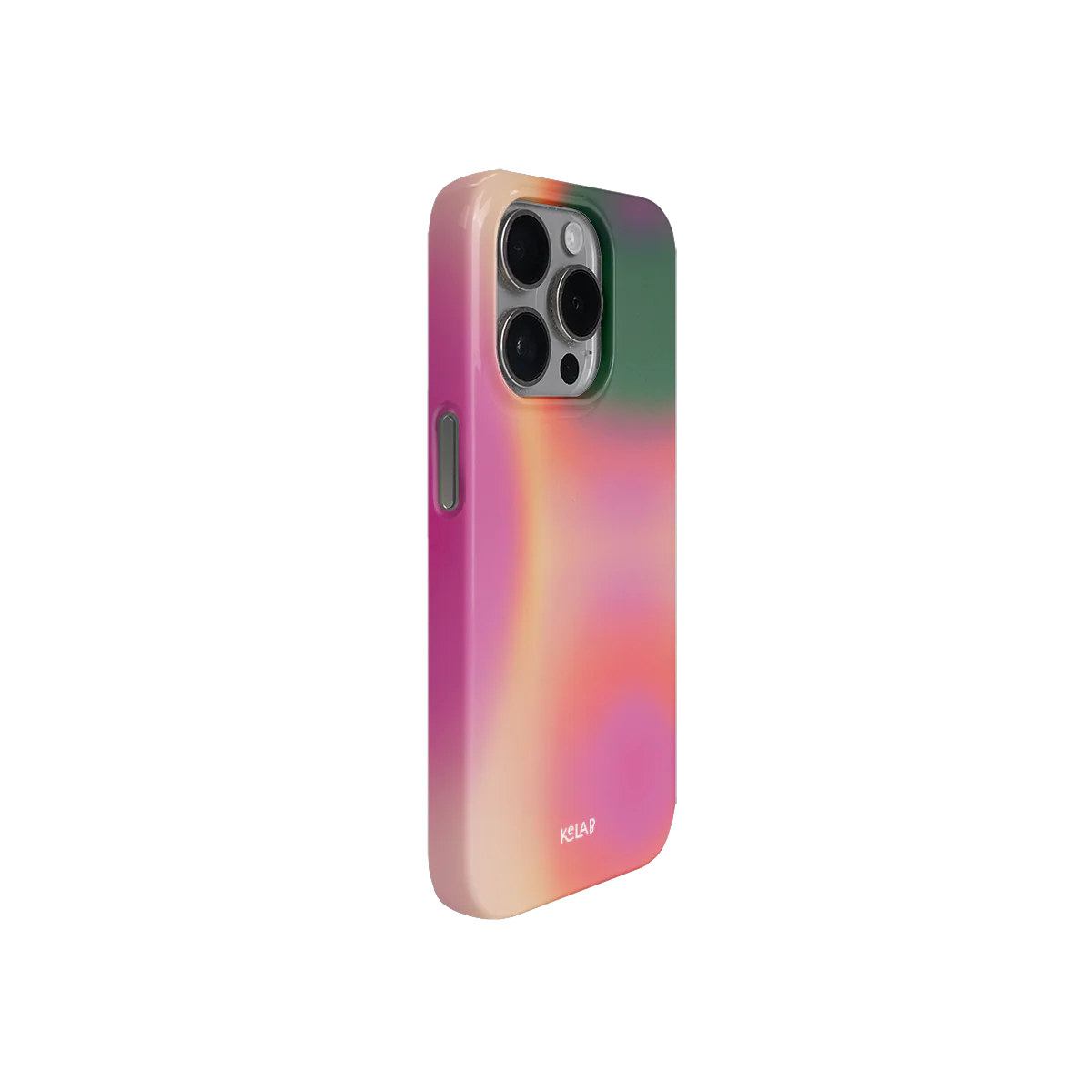 Angled view of Aurora Pop phone case showing its sleek, colorful gradient and precise cutouts for buttons and camera, perfect for stylish protection.