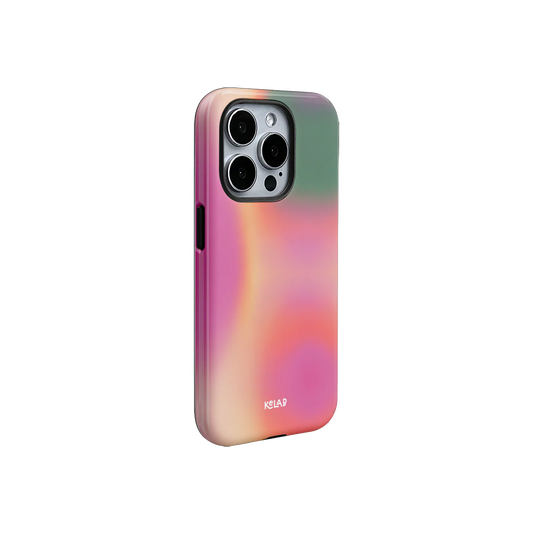 Side view of Aurora Pop - Colorful Gradient Phone Case | KELAB, showcasing its retro-futuristic blend and smooth glossy finish for summer vibes.