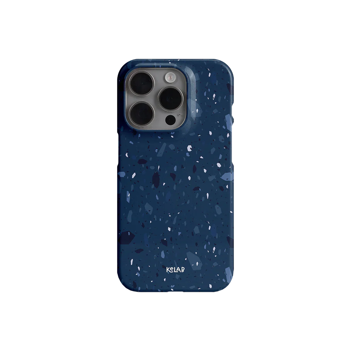 Minimalist navy terrazzo iPhone case with celestial speckles and glossy finish, part of KELAB’s cool-tone phone case collection.