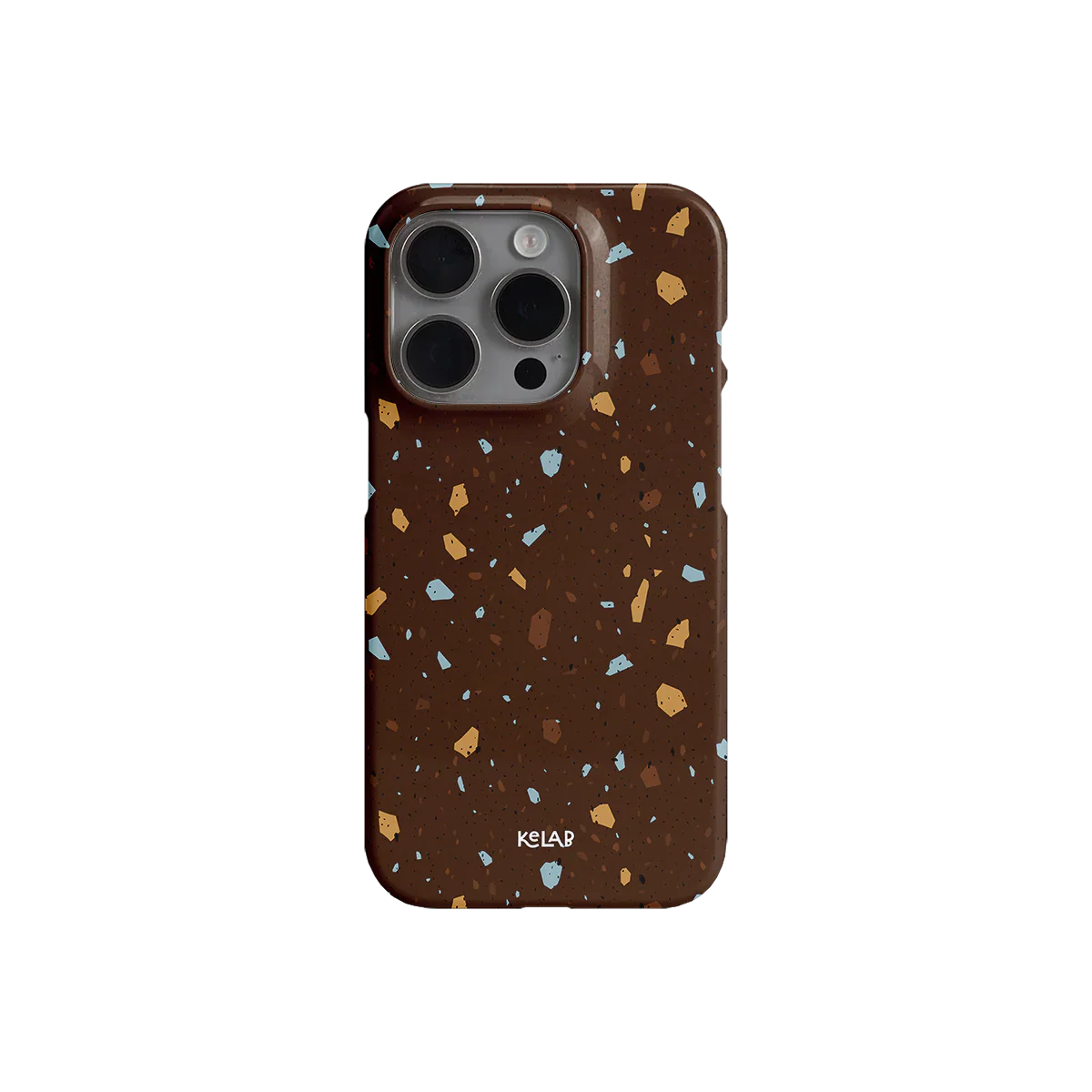 KELAB brown marble terrazzo iPhone case with soft-toned speckles. Earthy and organic design for stylish phone protection.