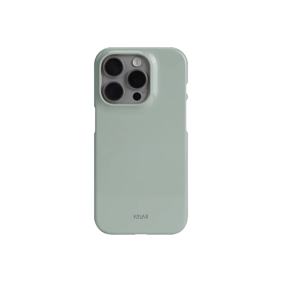 Back view of KELAB Cool Sage Phone Case in solid pale mint with glossy finish and precise camera cutout.