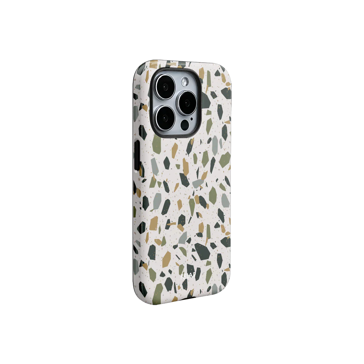 Pistachio Cream terrazzo iPhone case with pastel speckles and a glossy finish. Retro-inspired design for modern phone accessories.