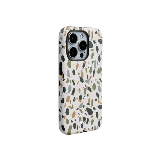 Pistachio Cream terrazzo iPhone case with pastel speckles and a glossy finish. Retro-inspired design for modern phone accessories.