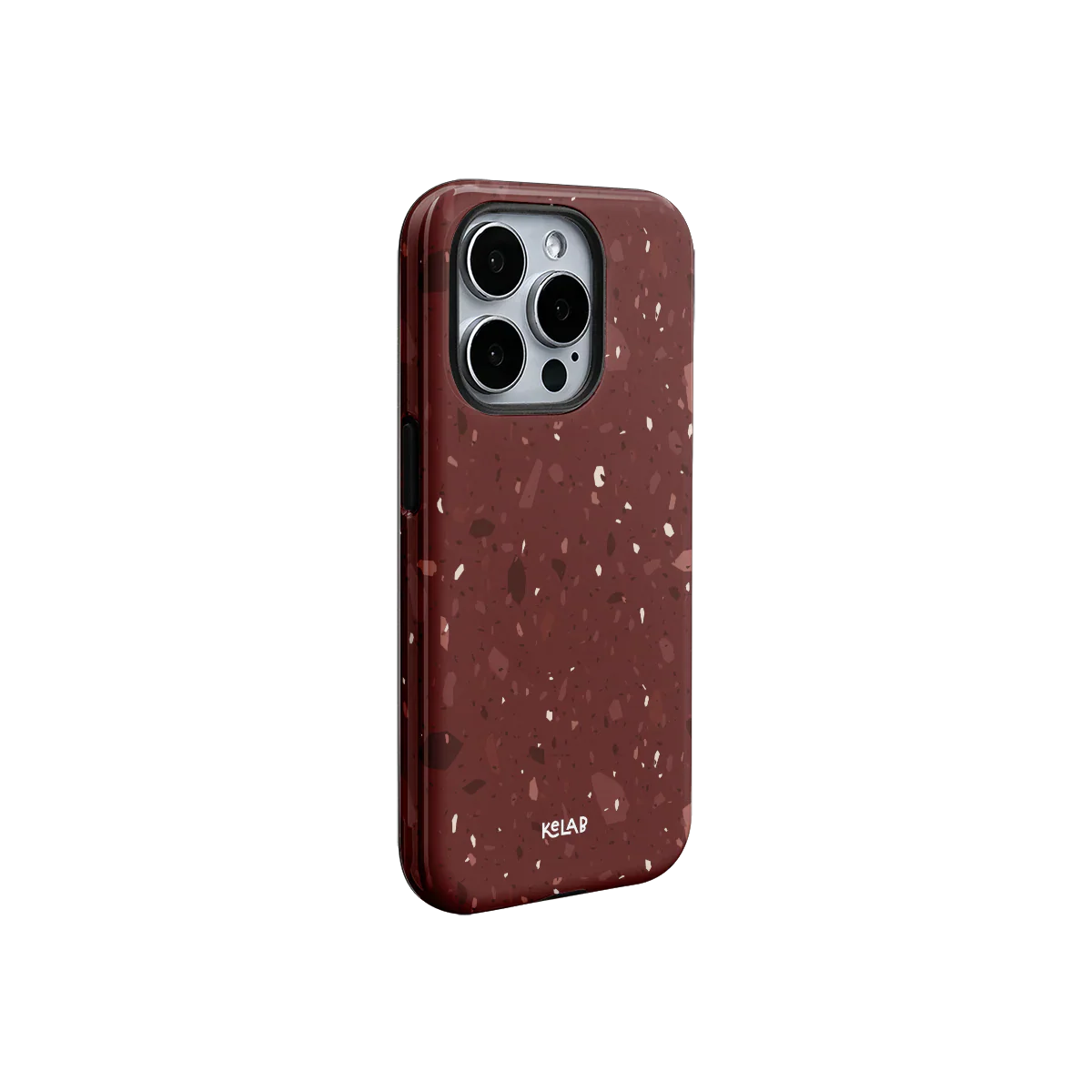 Chic wine red terrazzo iPhone case with glossy finish and minimal pattern, offering a luxury aesthetic and precise fit.