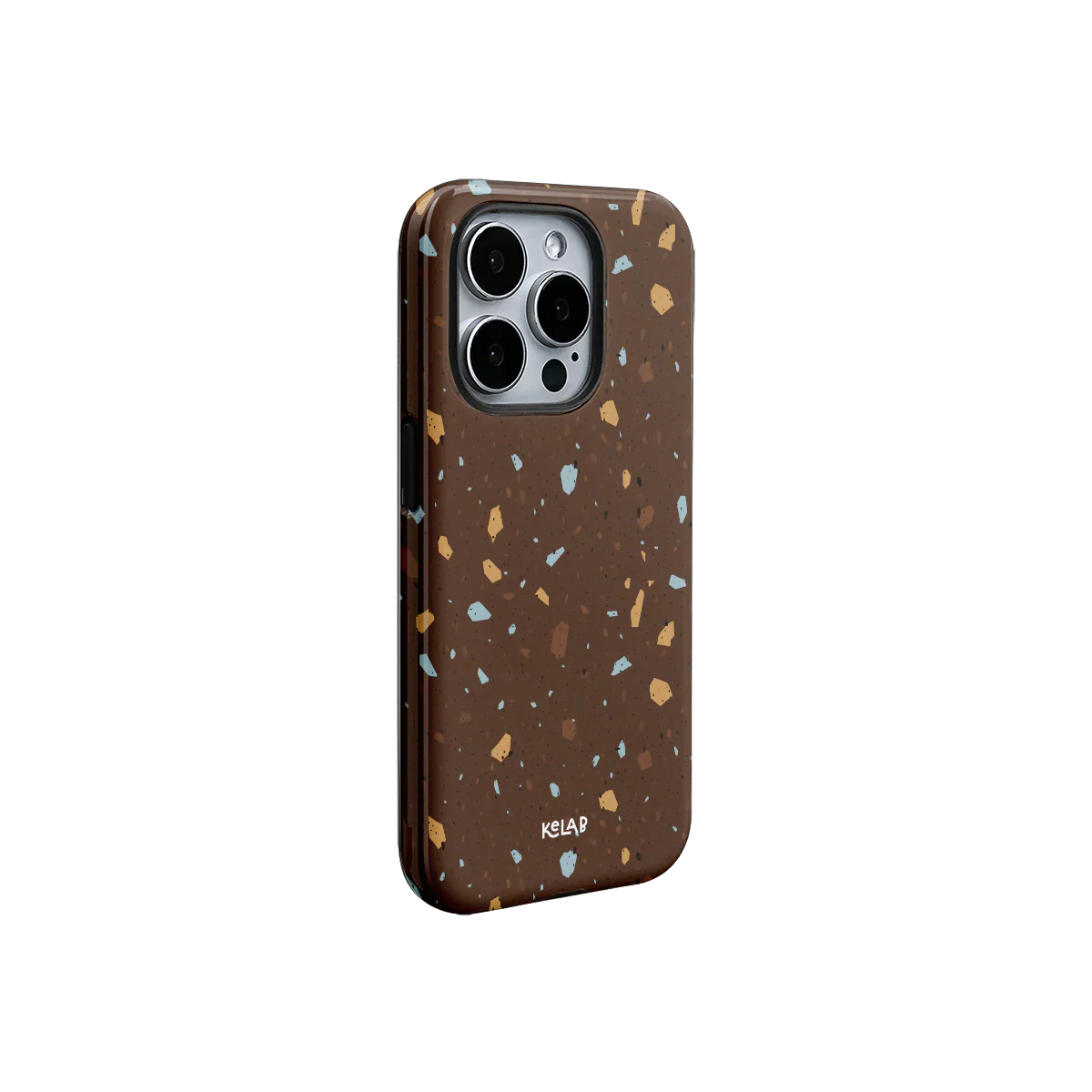 KELAB deep brown terrazzo phone case with abstract speckled pattern in earthy tones. Sleek design for modern iPhone protection.