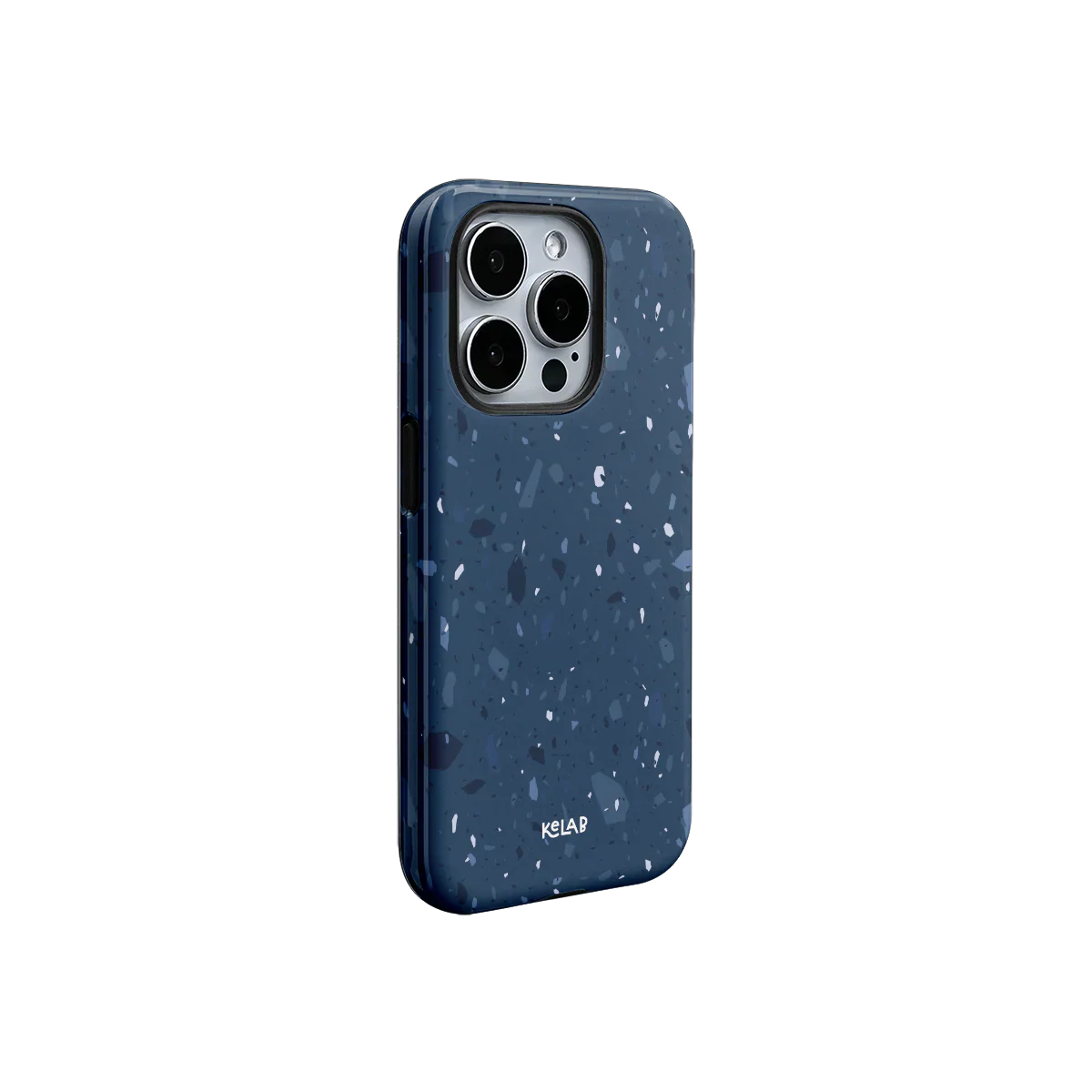 Cosmos Speckle midnight blue terrazzo phone case featuring a cool-tone galaxy-inspired design with minimal speckled accents for iPhone.