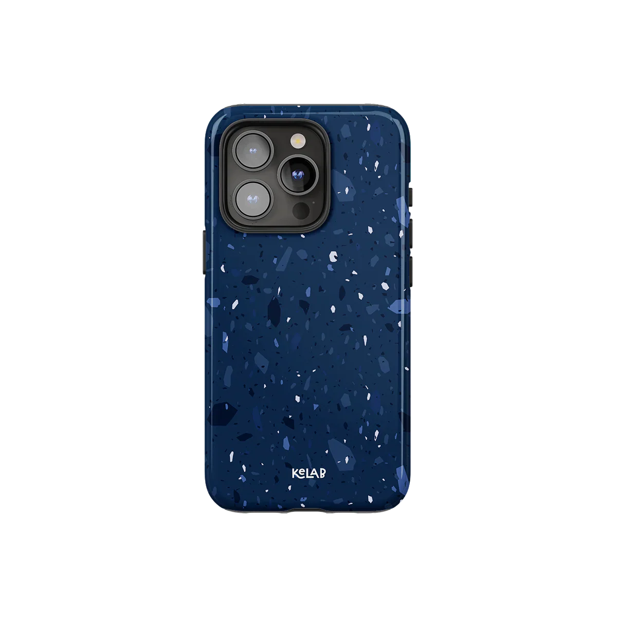 Navy blue marble terrazzo phone case by KELAB with periwinkle and sky blue speckles, designed for iPhone with a sleek glossy finish.