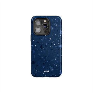 Navy blue marble terrazzo phone case by KELAB with periwinkle and sky blue speckles, designed for iPhone with a sleek glossy finish.