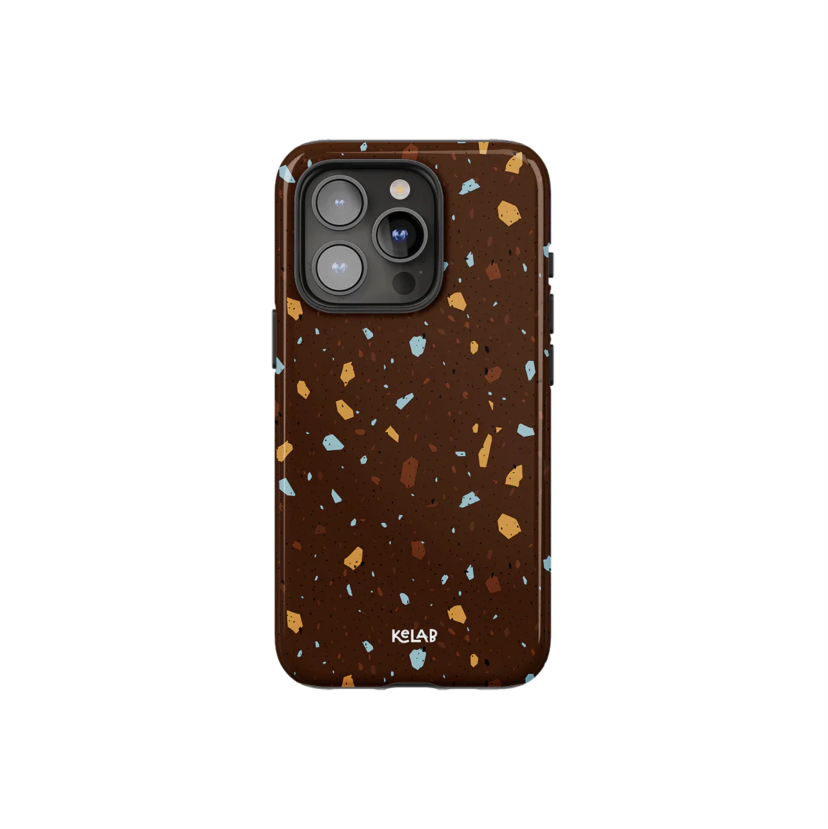 Brown marble terrazzo phone case by KELAB featuring a deep cocoa base with ochre, blue, and tan speckles. Stylish protection for iPhone models.
