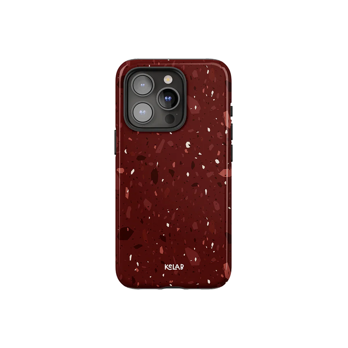 Burgundy marble terrazzo phone case by KELAB with crushed garnet tones and blush flecks, designed for iPhone with camera cutout.
