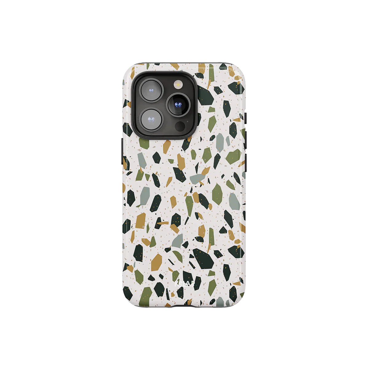 White Marble Terrazzo Phone Case by KELAB featuring a creamy base with green, mustard, and black speckles. Ideal for stylish iPhone protection.