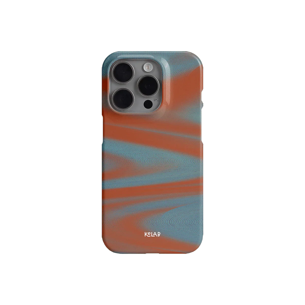 Retro Y2K orange phone case with abstract blue waves, sleek finish, and KELAB branding for a bold mobile accessory.
