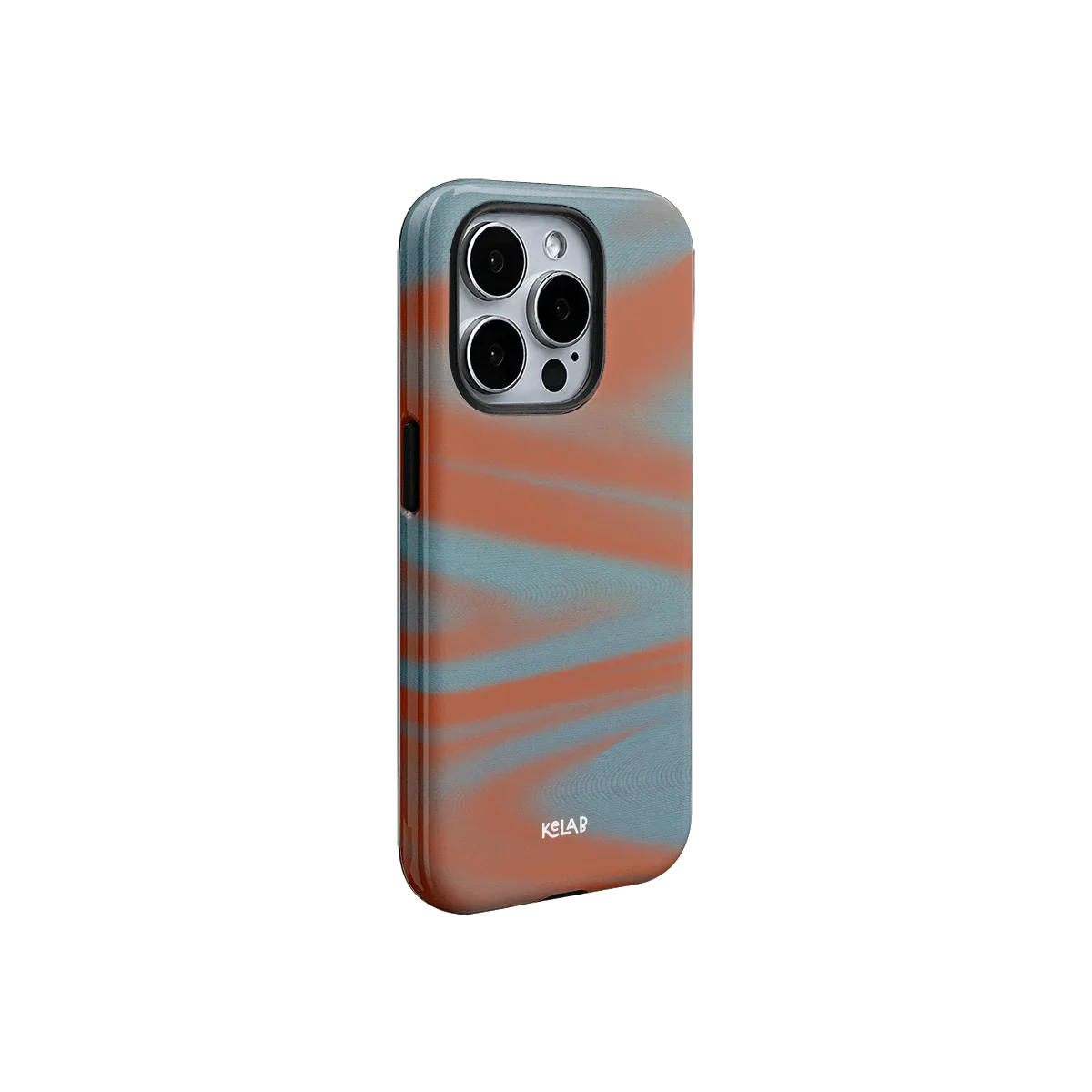 Futuristic Y2K orange phone case with blue wavy accents and glossy finish, offering stylish retro protection by KELAB.