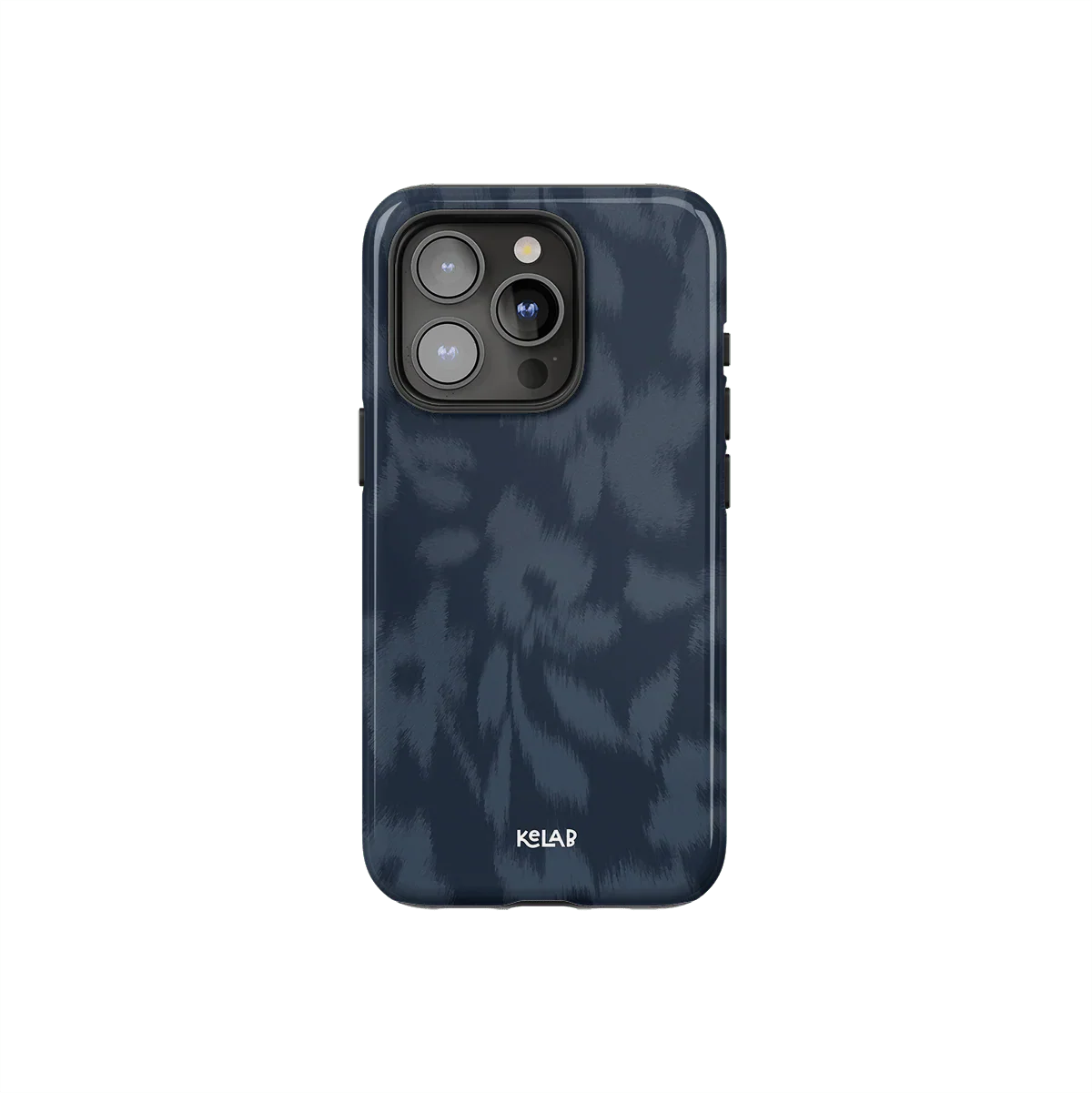 Blue floral phone case with blurred flower texture by KELAB, featuring a moody navy design and glossy finish for iPhone protection.