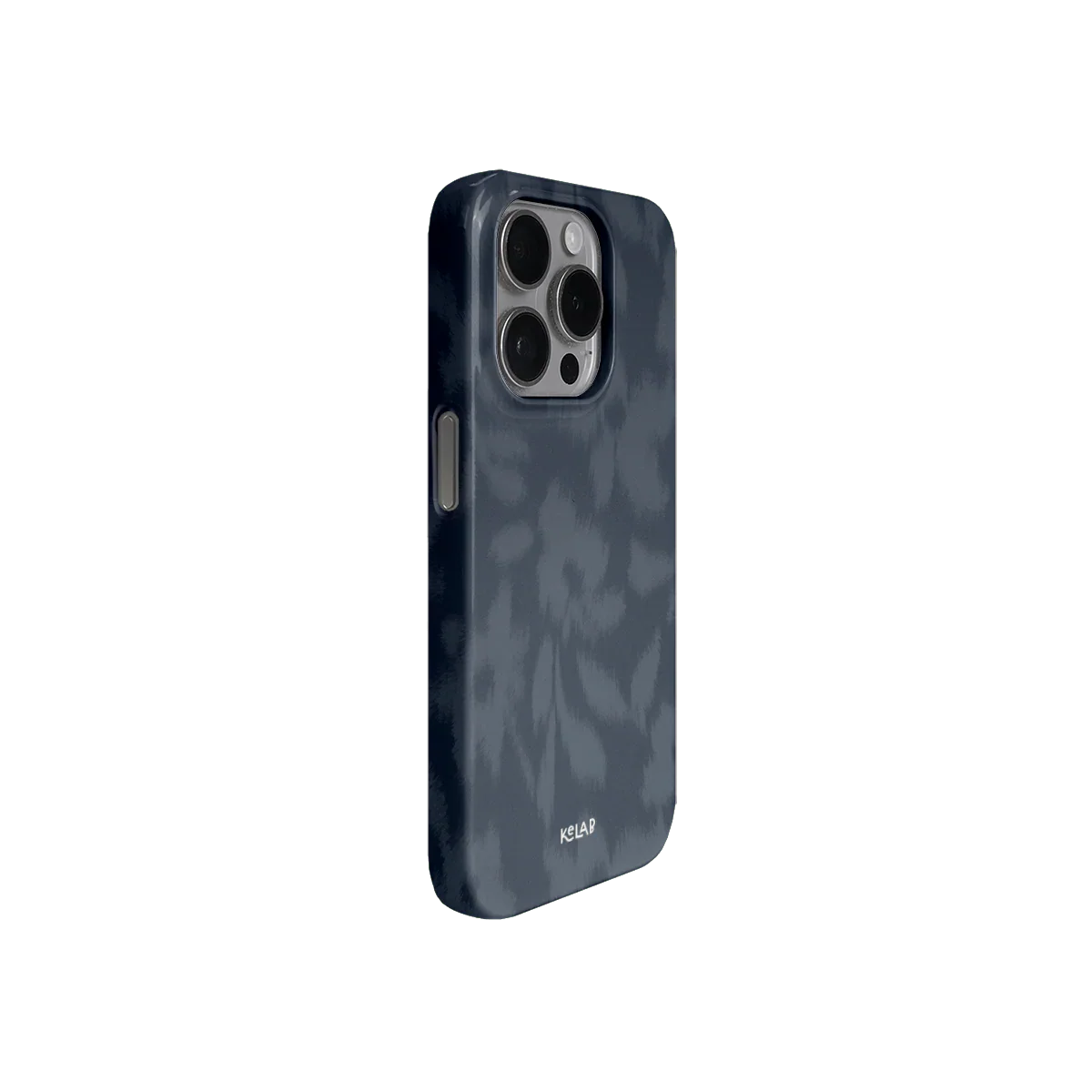 Side view of artistic blue floral phone case with moody blurred texture and precise cutouts for buttons and camera access.