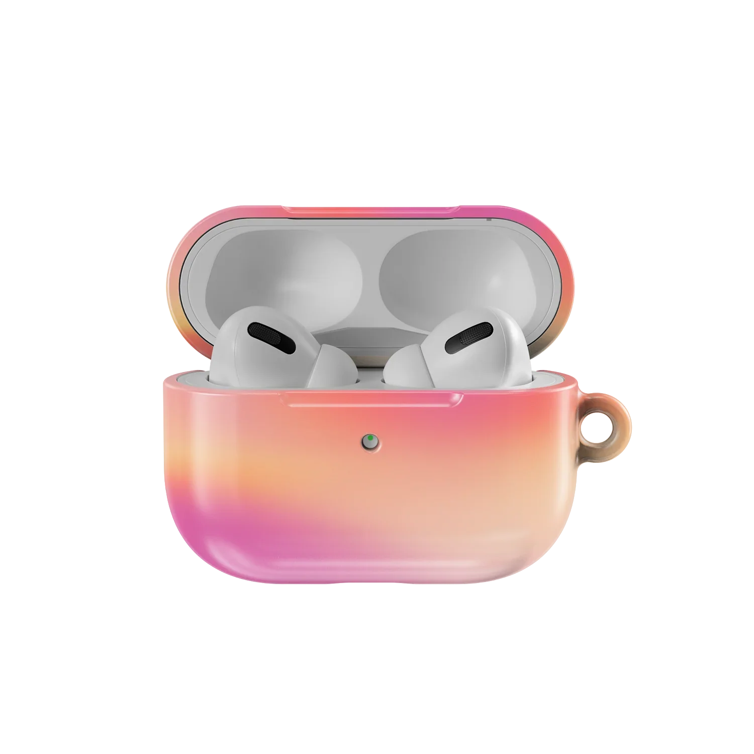 Open Gradient Pink AirPods Case by KELAB showing AirPods inside, stylish and protective accessory for AirPods 1 to Pro models.