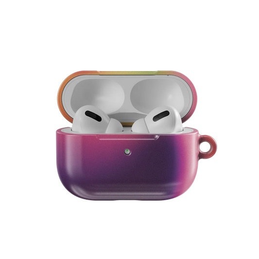 Open Lucid Ember AirPods Case from KELAB's Euphoria Series showing AirPods Pro inside. Colorful purple-orange gradient with eco-friendly design.