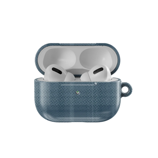 Blue Flannel Minimalist AirPods Case by KELAB shown open with AirPods inside, highlighting its snug fit and muted tartan pattern.