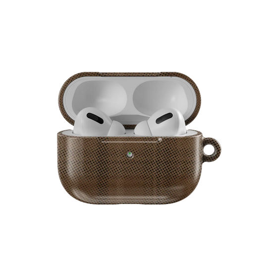 Open Brown Flannel Minimalist AirPods Case by KELAB showing AirPods Pro inside, designed with a subtle grid texture for a sleek, casual look.