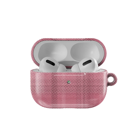Open Pink Flannel Minimalist AirPods Case by KELAB showing AirPods Pro inside. Features a soft grid design and snug fit for protection.