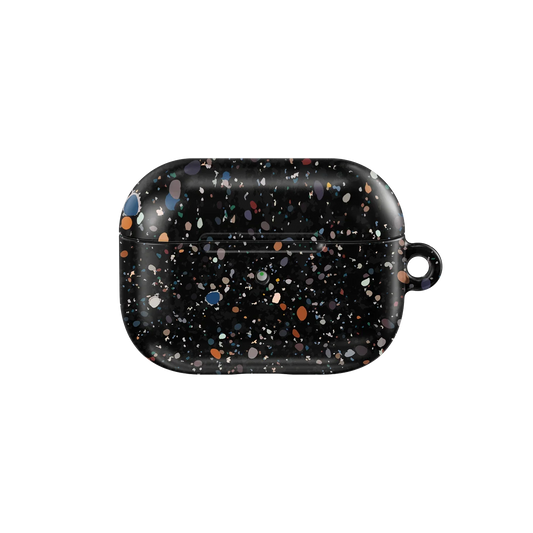 Black Splatter AirPods Case – Cute & Stylish | KELAB featuring a glossy black finish with colorful paint splatter design, compatible with all AirPods models.