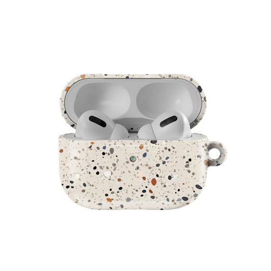 Open Ivory Splatter AirPods Case with AirPods Pro inside, showcasing the durable and trendy speckled design by KELAB for everyday use.