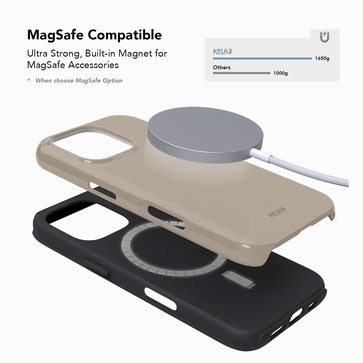 MagSafe compatible beige phone case by KELAB with built-in magnet, offering strong hold for accessories and seamless wireless charging.