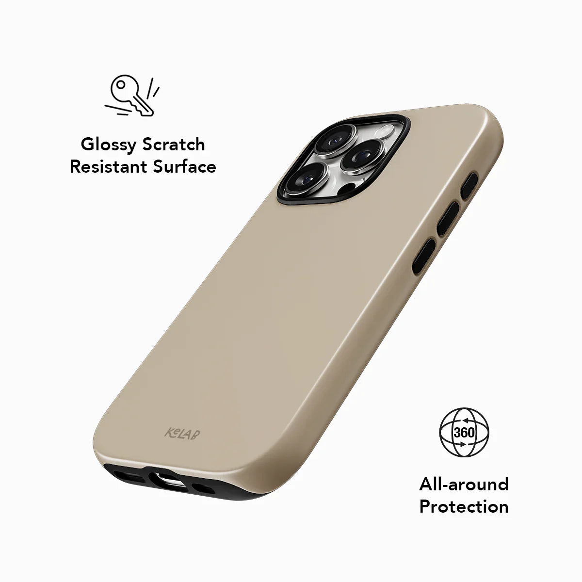 Glossy beige iPhone case by KELAB offering 360° all-around protection and a scratch-resistant surface in a minimalist solid color style.