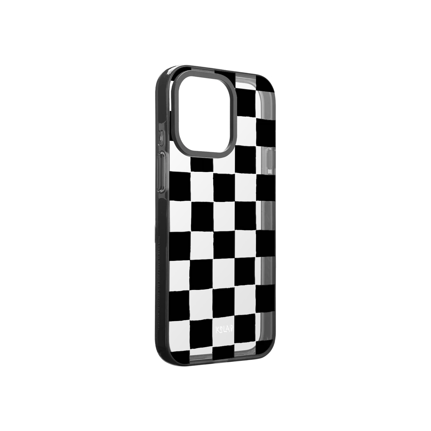 Checkered clear phone case with black pattern on a white background
