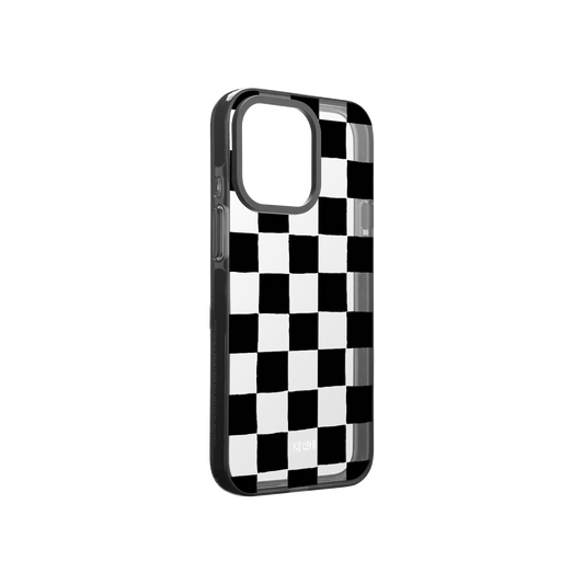 Checkered clear phone case with black pattern on a white background