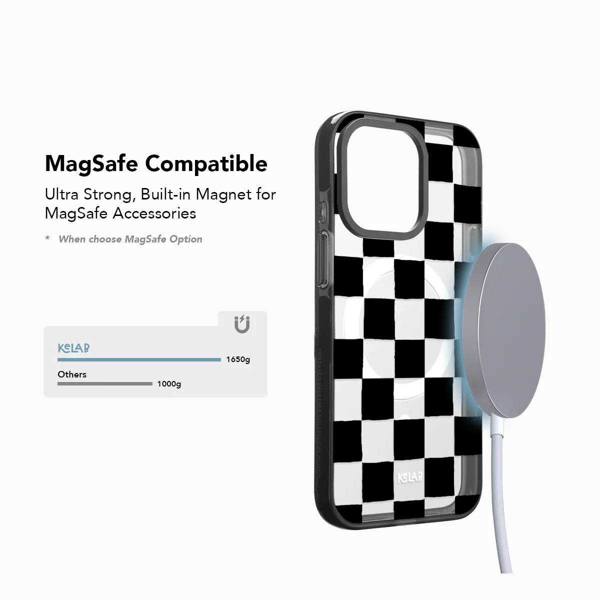 Checkered phone case with built-in magnet for MagSafe accessories on a white background
