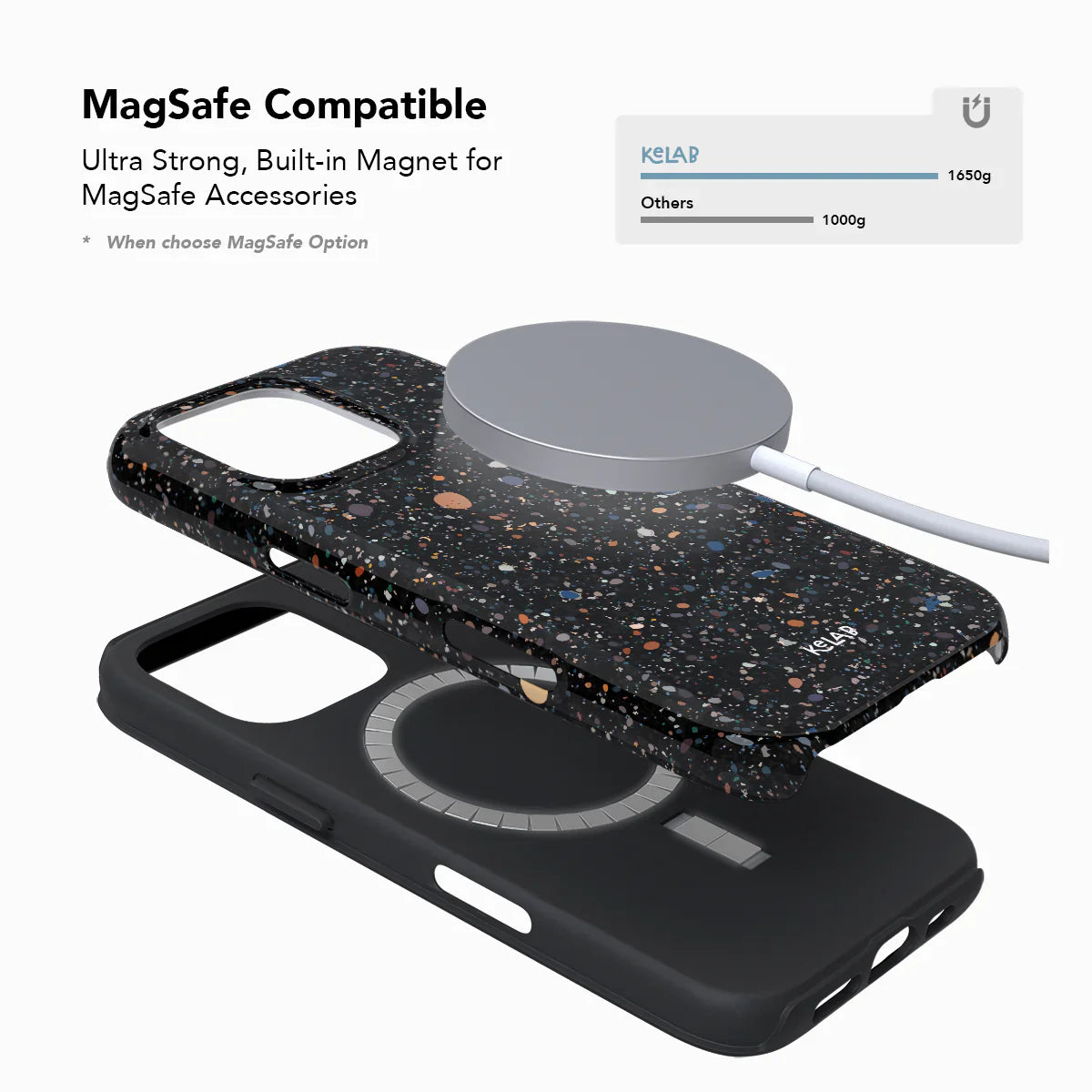 MagSafe compatible KELAB phone case with built-in magnet and Obsidian Mist paint splatter design. Strong magnetic hold for accessories.