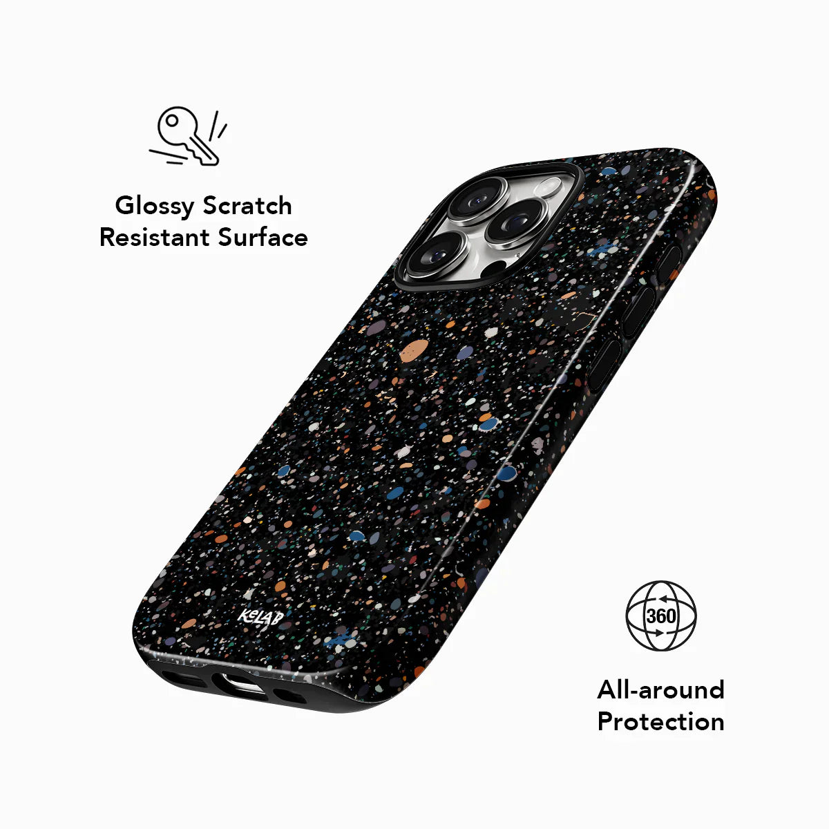 KELAB Obsidian Mist phone case with glossy scratch-resistant surface and 360° protection. Artistic black splatter design for modern devices.