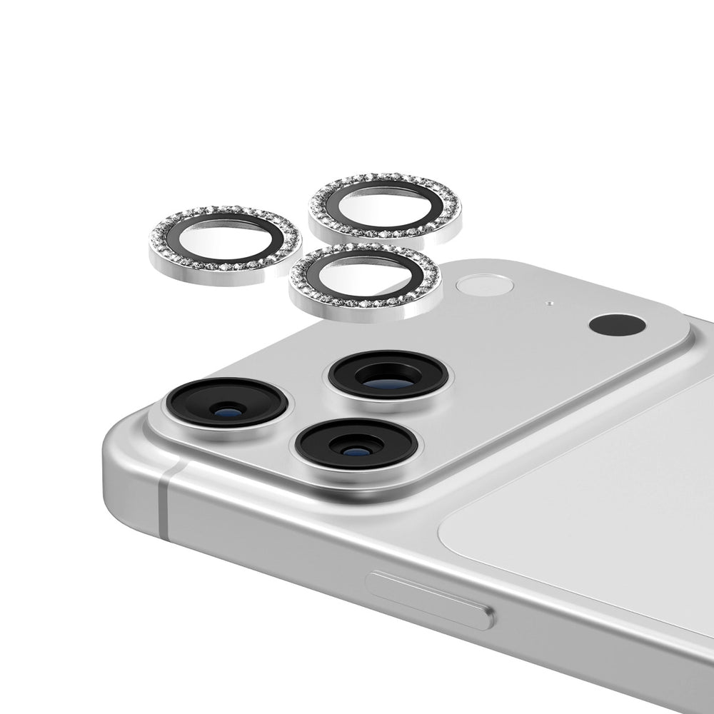 Camera lens ring set for smartphone, silver with rhinestones, enhances protection and style.
