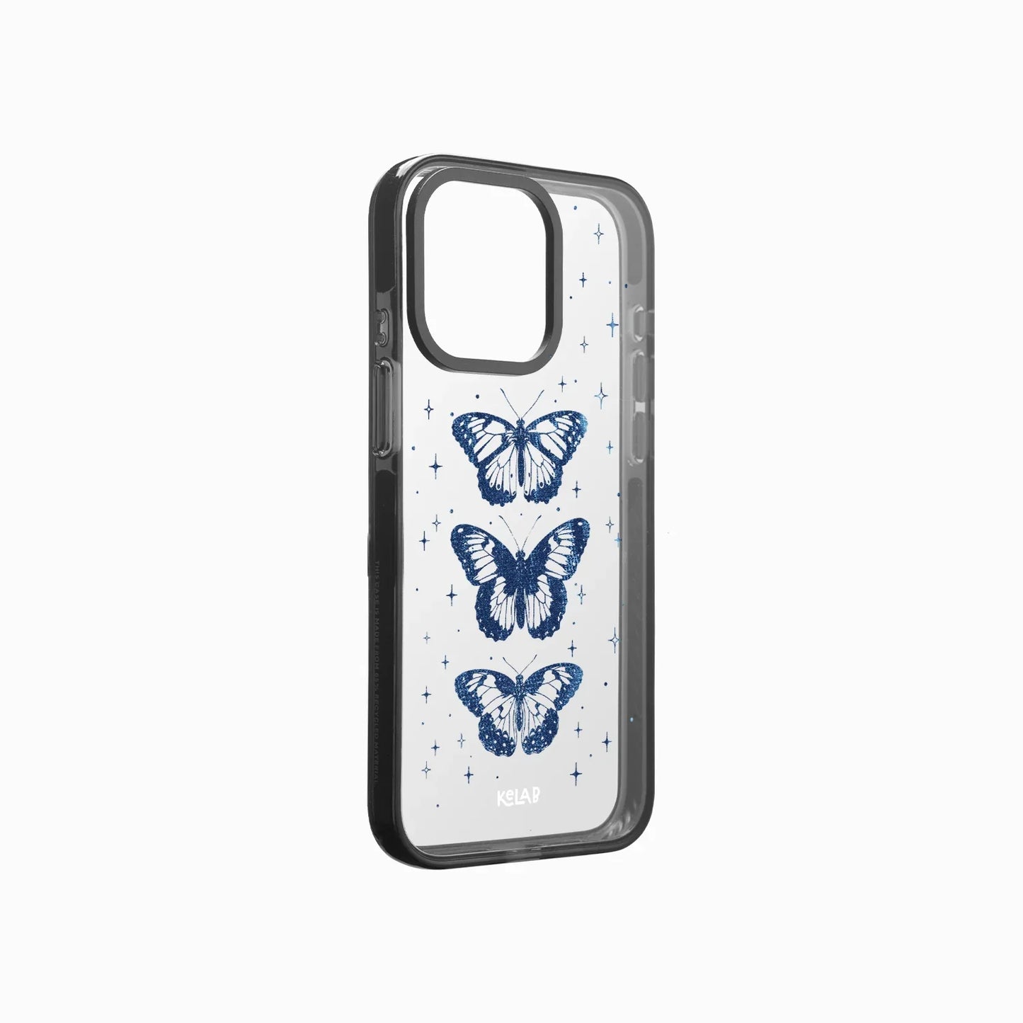 Side view of the Dream Monarch Clear Celestial Butterfly Case in Blue, showcasing its slim profile and dreamy butterfly design on a transparent shell.