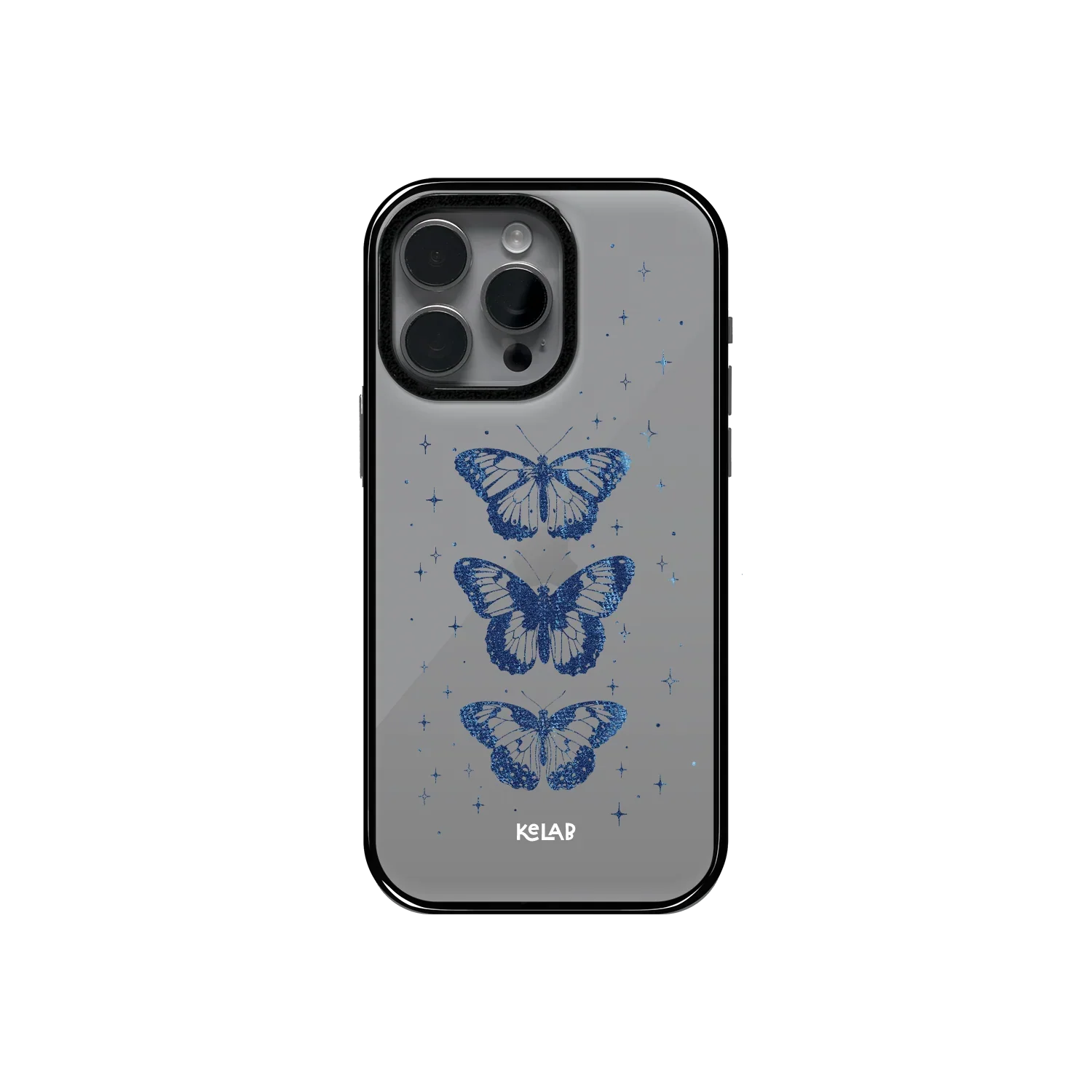 Dreamy Blue Butterfly Clear Case by KELAB featuring three celestial butterflies and star accents on a transparent phone case with a glossy finish.