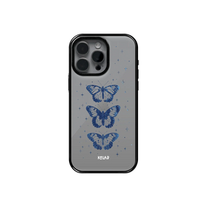 Dreamy Blue Butterfly Clear Case by KELAB featuring three celestial butterflies and star accents on a transparent phone case with a glossy finish.