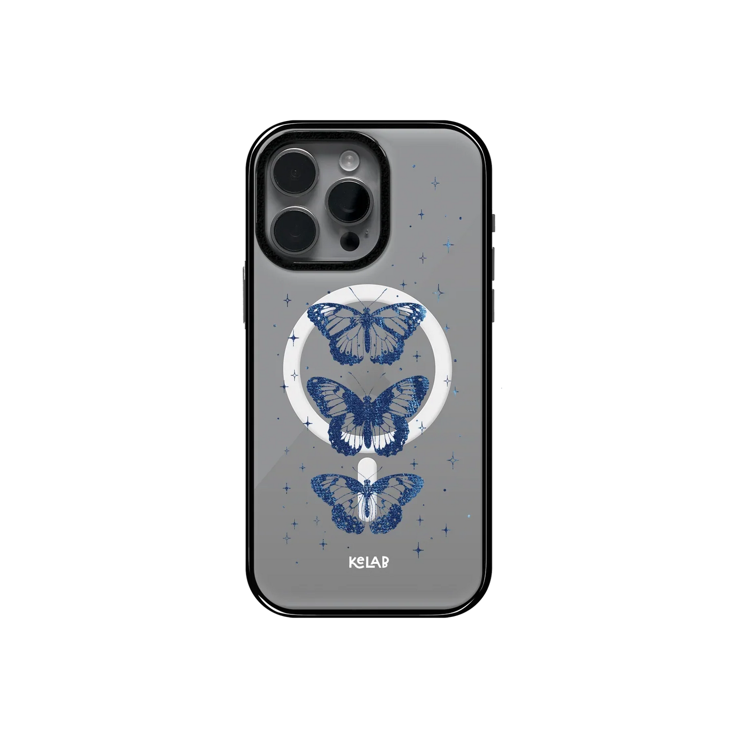 Back view of KELAB Dream Monarch Case with MagSafe ring, featuring three indigo butterflies and starry accents on a transparent, celestial-themed case.